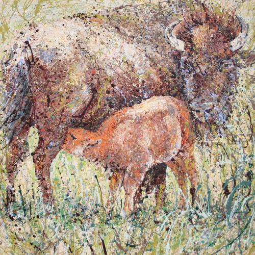Wyoming spring buffalo Latex Enamel Painting on Gallery Wrapped Canvas by Fort Collins, Colorado Artist  Lisa Cameron Russell