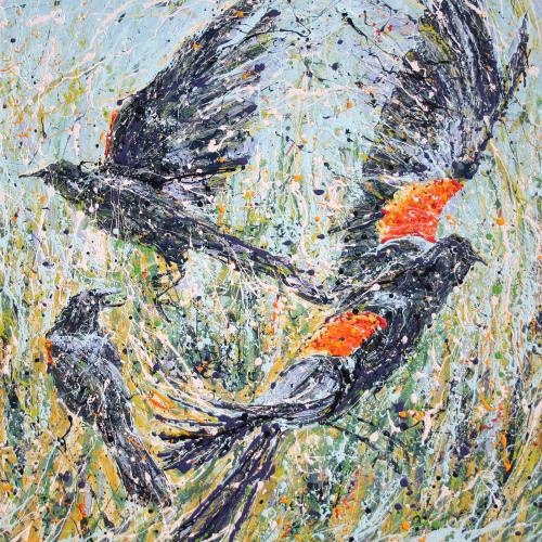 Private Collection Redwing Blackbirds Painting on Canvas by Fort Collins, Colorado Artist Lisa Cameron Russell
